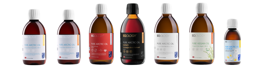 Row of brown glass oil bottles with white caps lined up on a white background, labels include Arctic and vegan oil varieties.